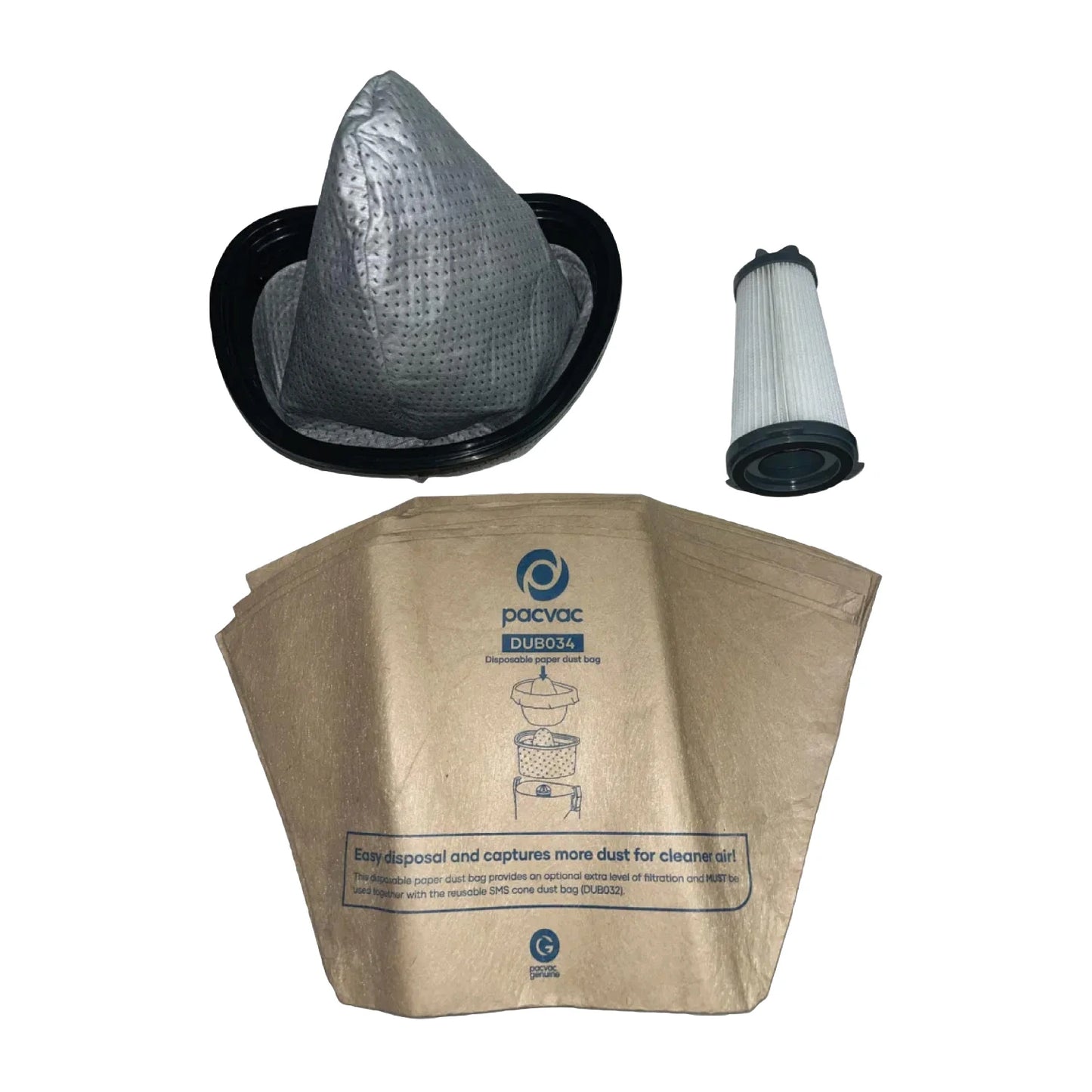 Pacvac vacuum cleaner parts including a filter, dust bag, and HEPA filter on a white background.