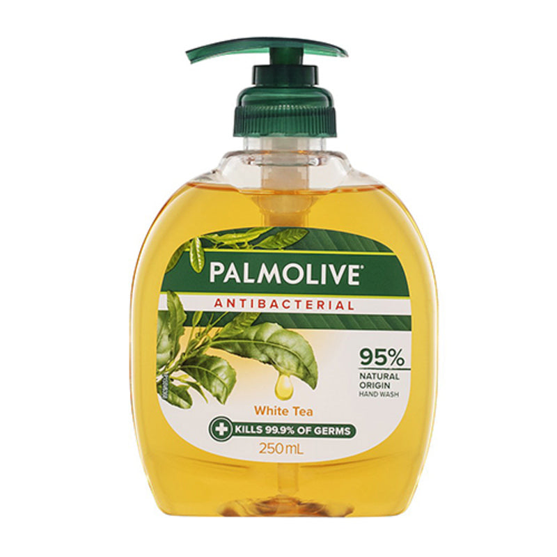 Palmolive antibacterial hand wash bottle with green pump on a white background