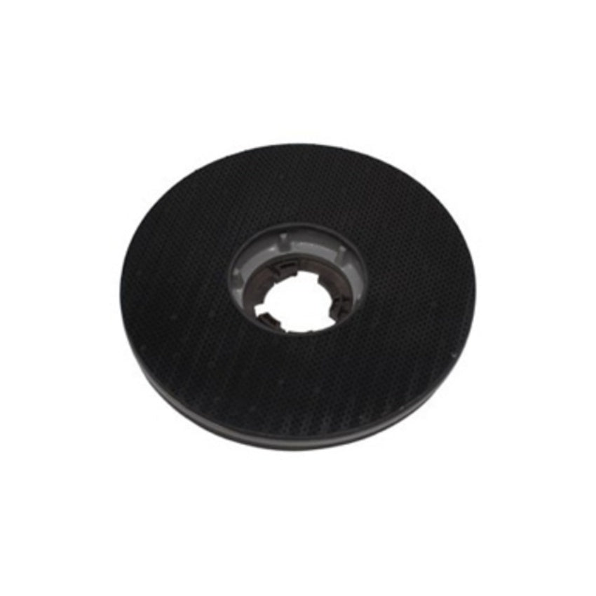Black round floor pad holder on a white background