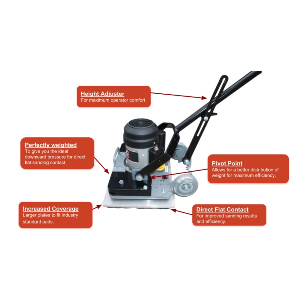 Sanding machine with labeled features on a white background