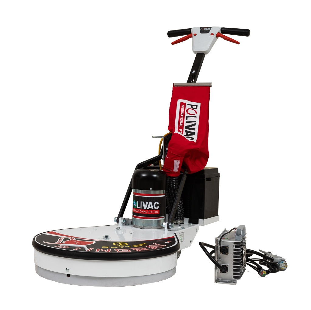 Polivac floor buffer with red Polivac logo on a white background