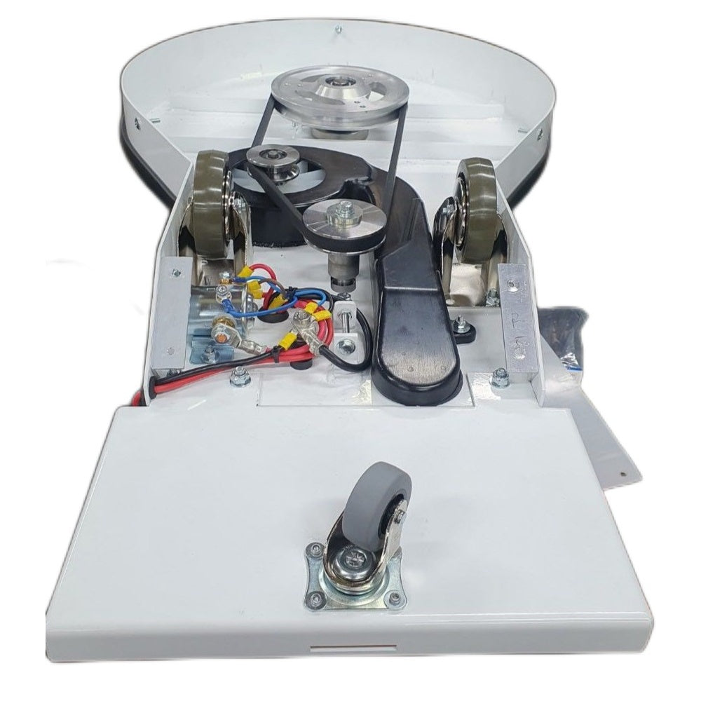 Mechanical device with gears, wires, and a foot pedal on a white background