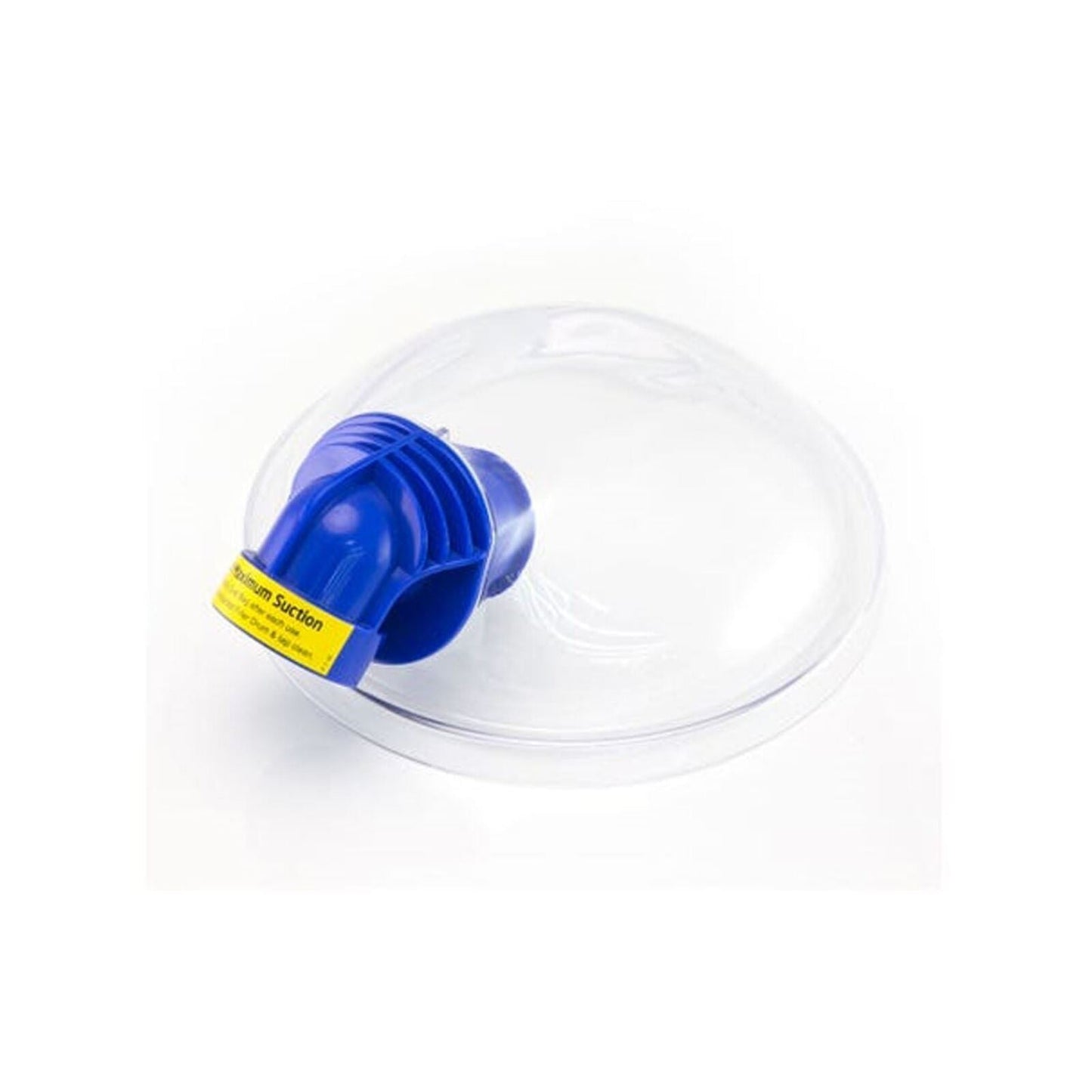 Clear vacuum cleaner lid with blue handle on a white background