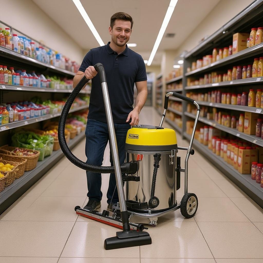 Man using a Pullman Wet & Dry vacuum cleaner in a supermarket aisle