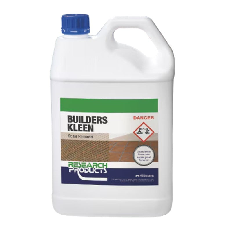 Builders Kleen scale remover bottle with blue cap on a white background