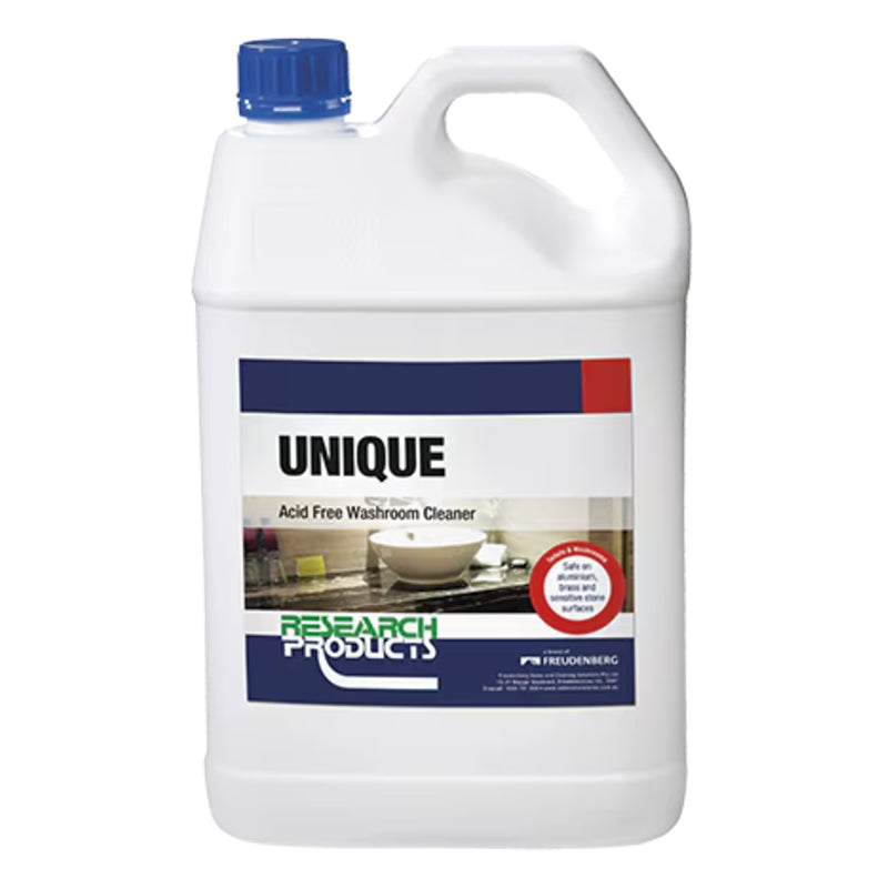 White container of Unique Acid Free Washroom Cleaner with blue cap on a white background
