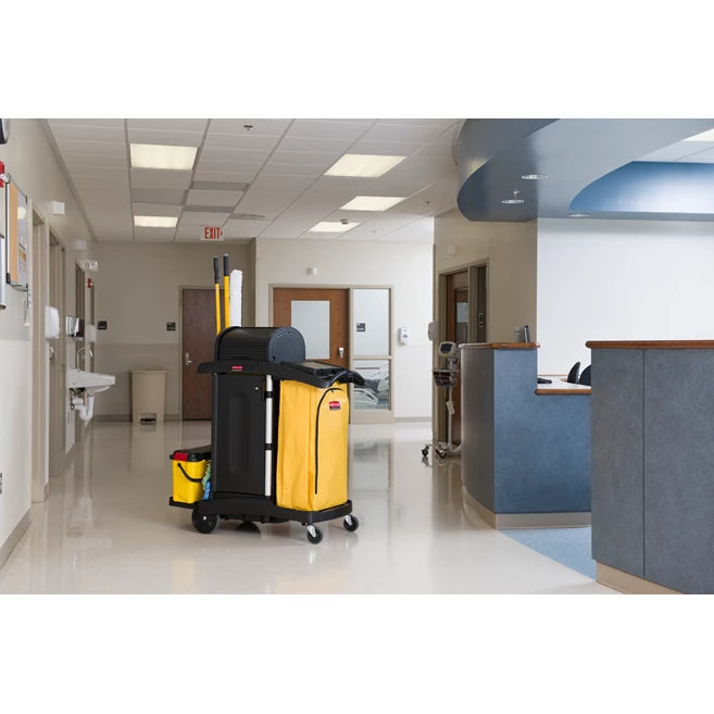 Rubbermaid High Security Cleaning Cart in a hospital hallway