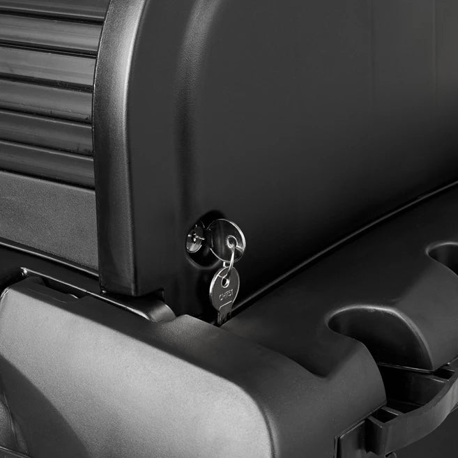 Close-up of a Rubbermaid High Security Cleaning Cart with a lock and key