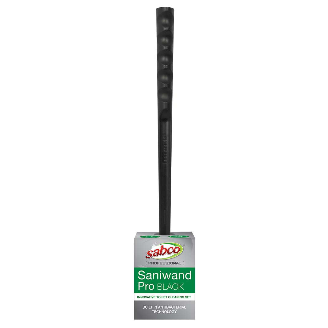 Sabco Saniwand Pro Black toilet cleaning set on a white background