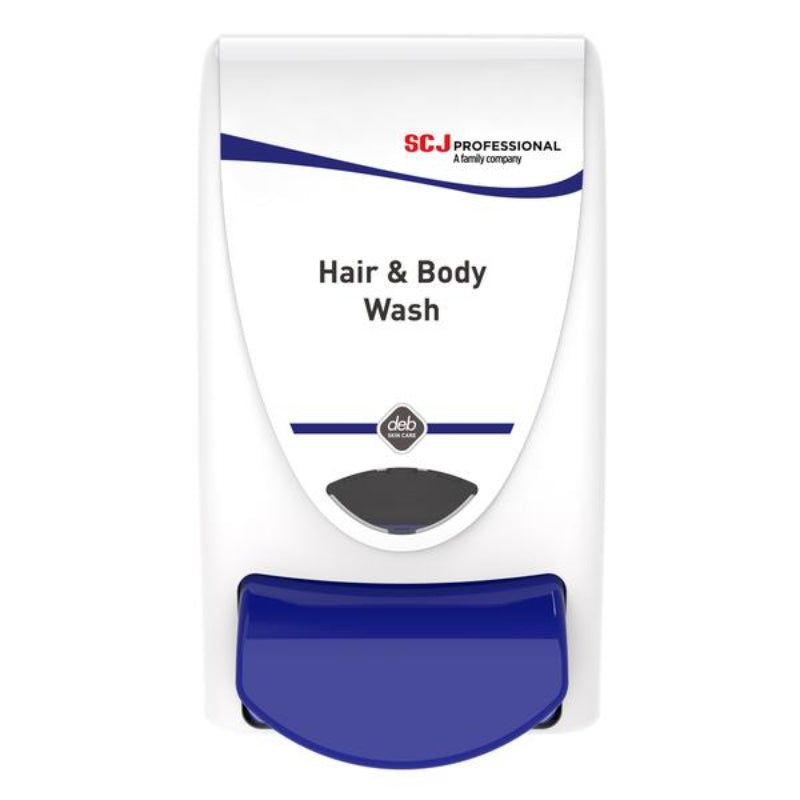 White and blue dispenser for hair and body wash with 'SCJ Professional' branding.