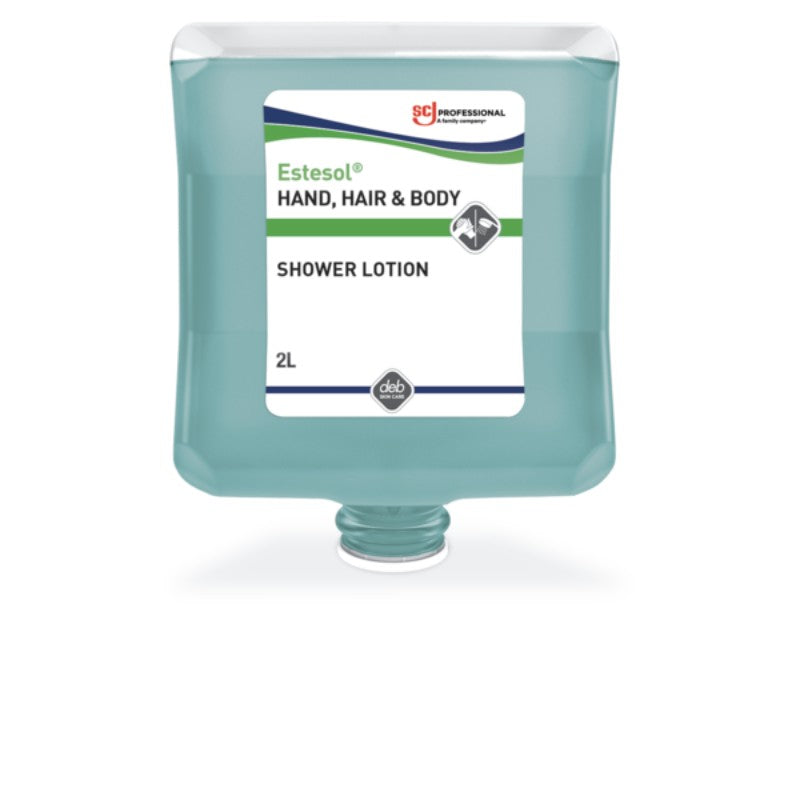 SCJ Estesol shower lotion container with a label on a white background
