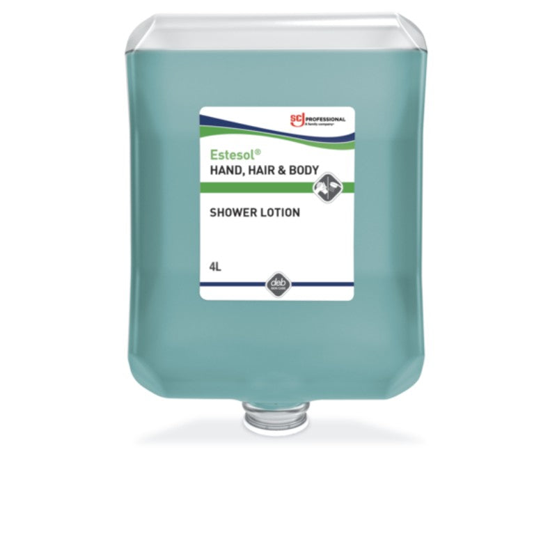 Green Estesol Hand Hair & Body shower lotion container with a label on a white background