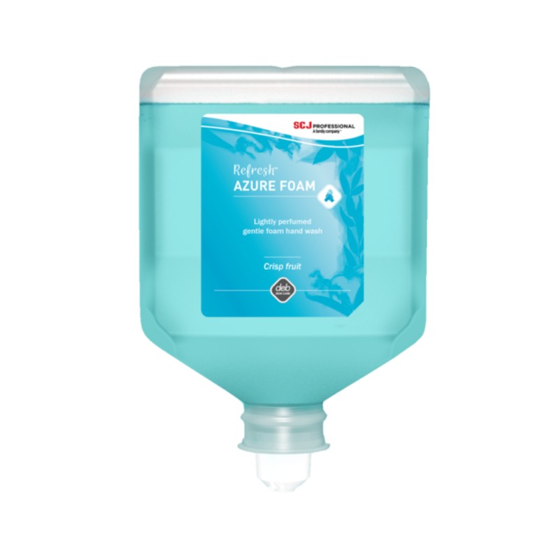 Blue foam hand wash dispenser with SC Johnson logo on a white background