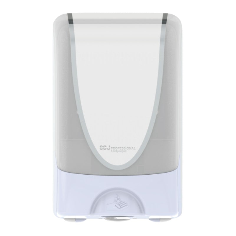 White and gray soap dispenser on a white background