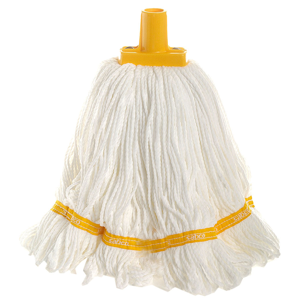 White mop with yellow band and handle on a white background