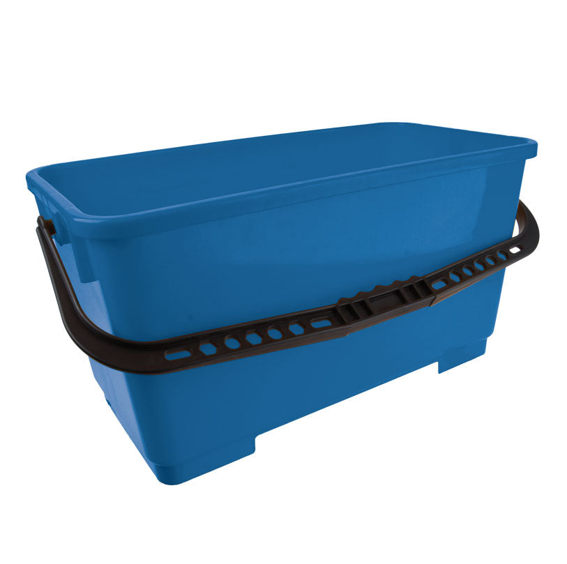 Blue plastic storage bin with black handle on a white background