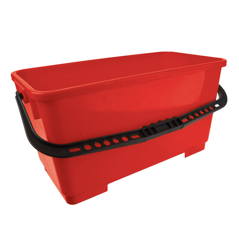 Red plastic storage bin with black handles on a white background