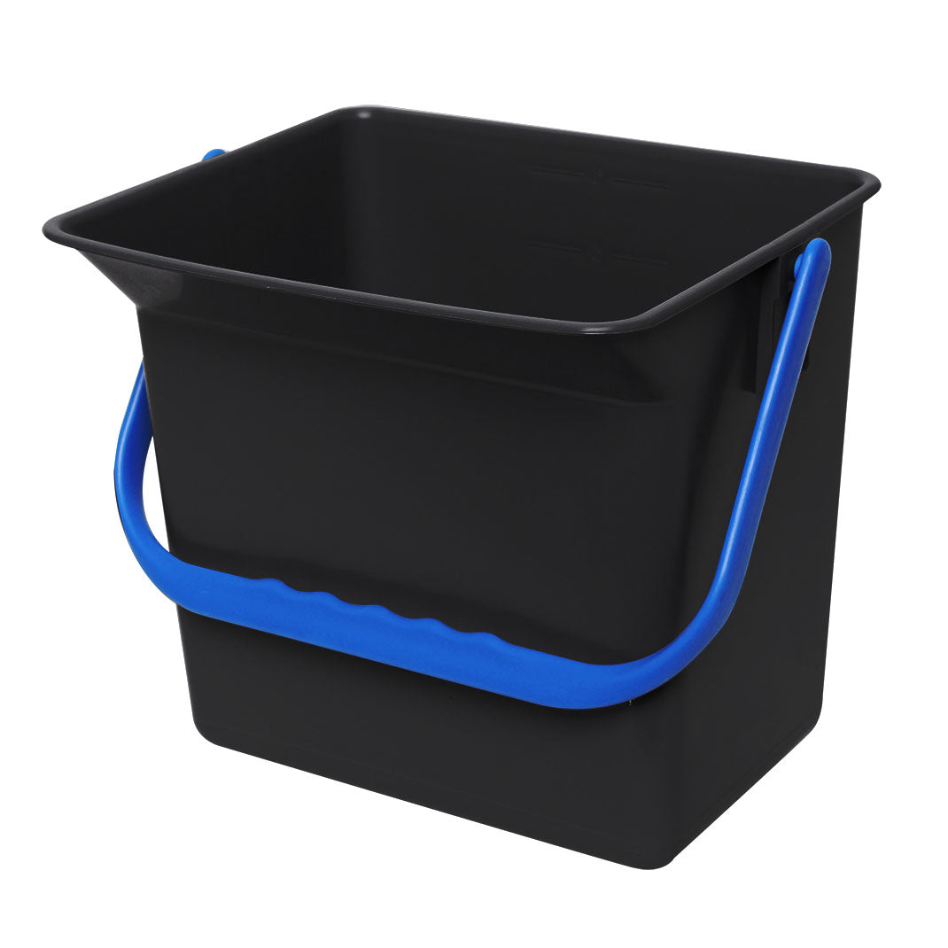 Black bucket with blue handles on a white background