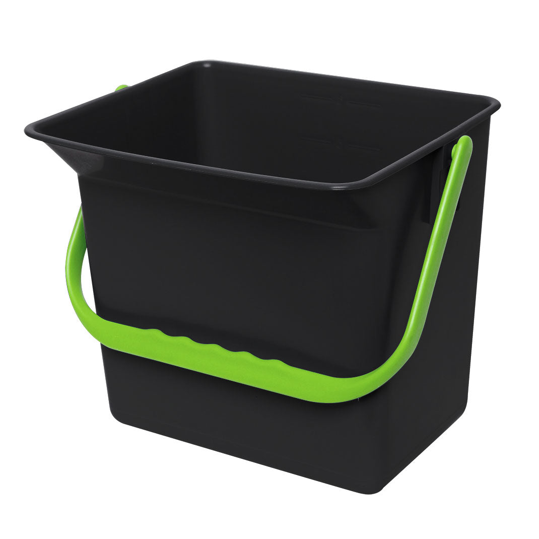 Black bucket with green handles on a white background