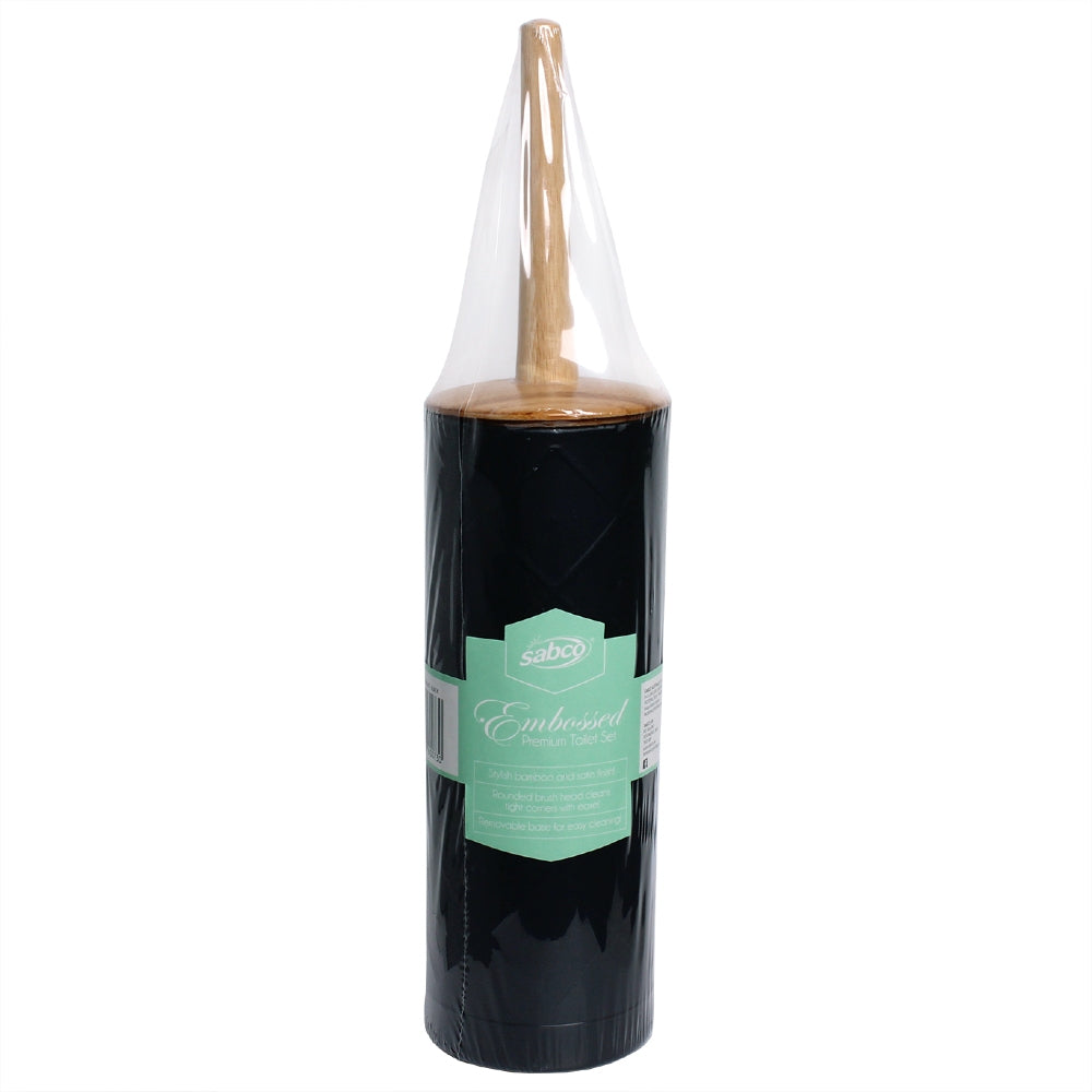 Black toilet brush set with wooden handle and a green label on a white background