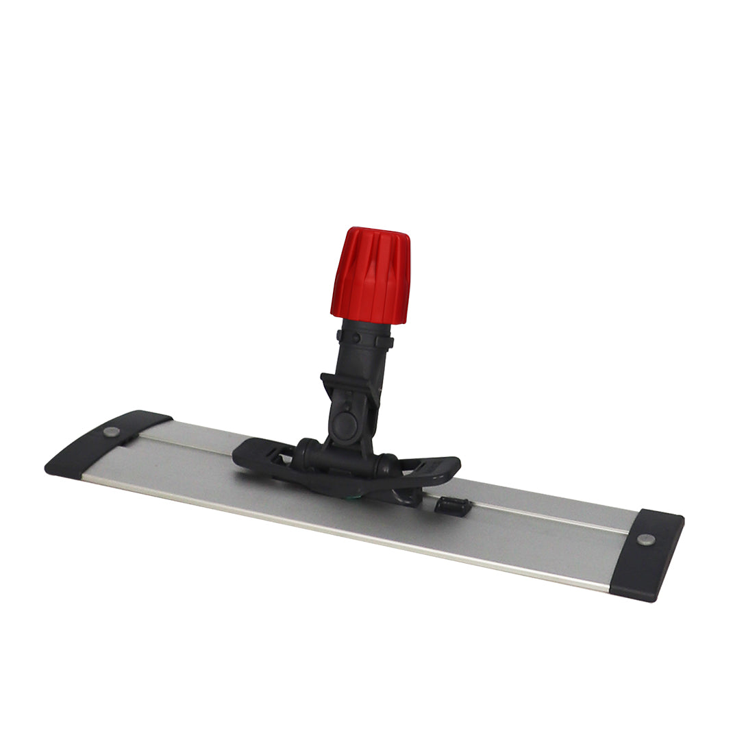 Metal floor cleaning tool with red and black attachments on a white background