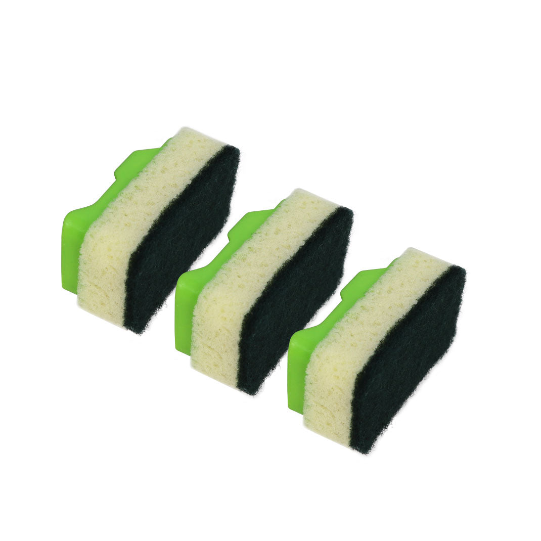 Three green sponges with black and white scrub pads on a white background