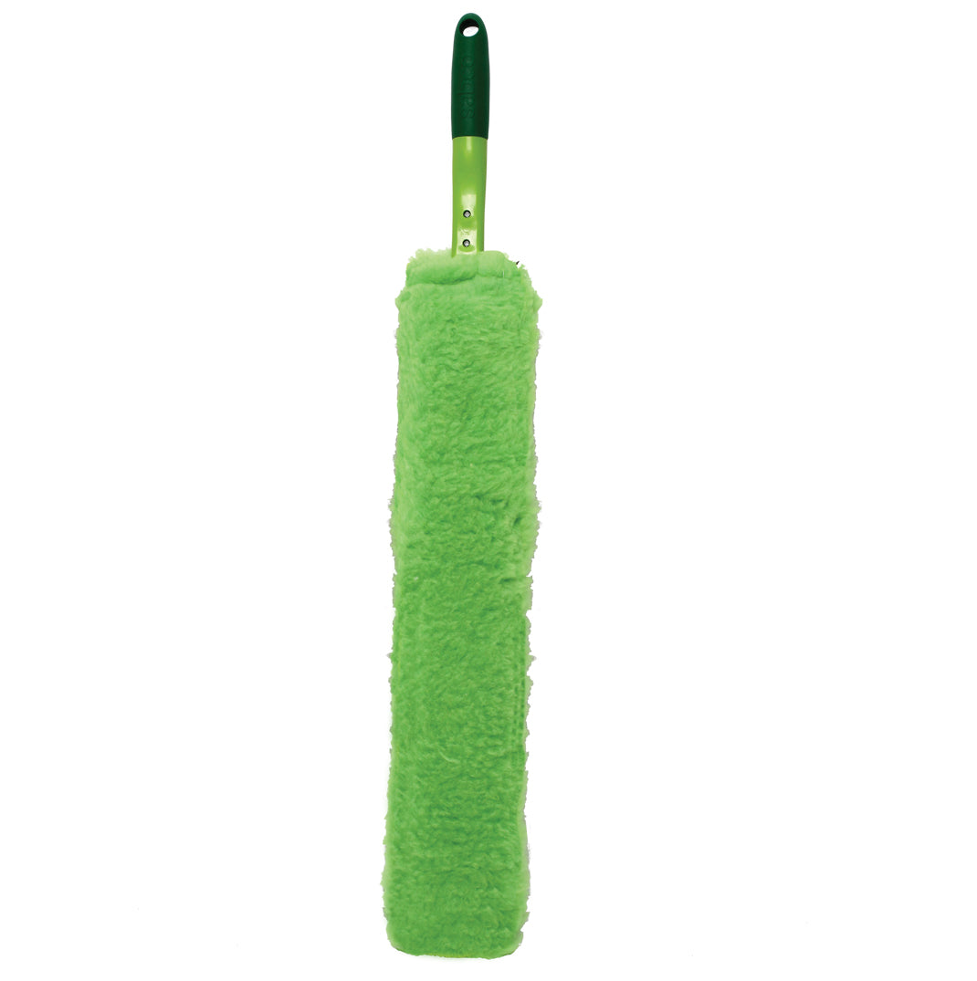 Green microfiber duster on a white background