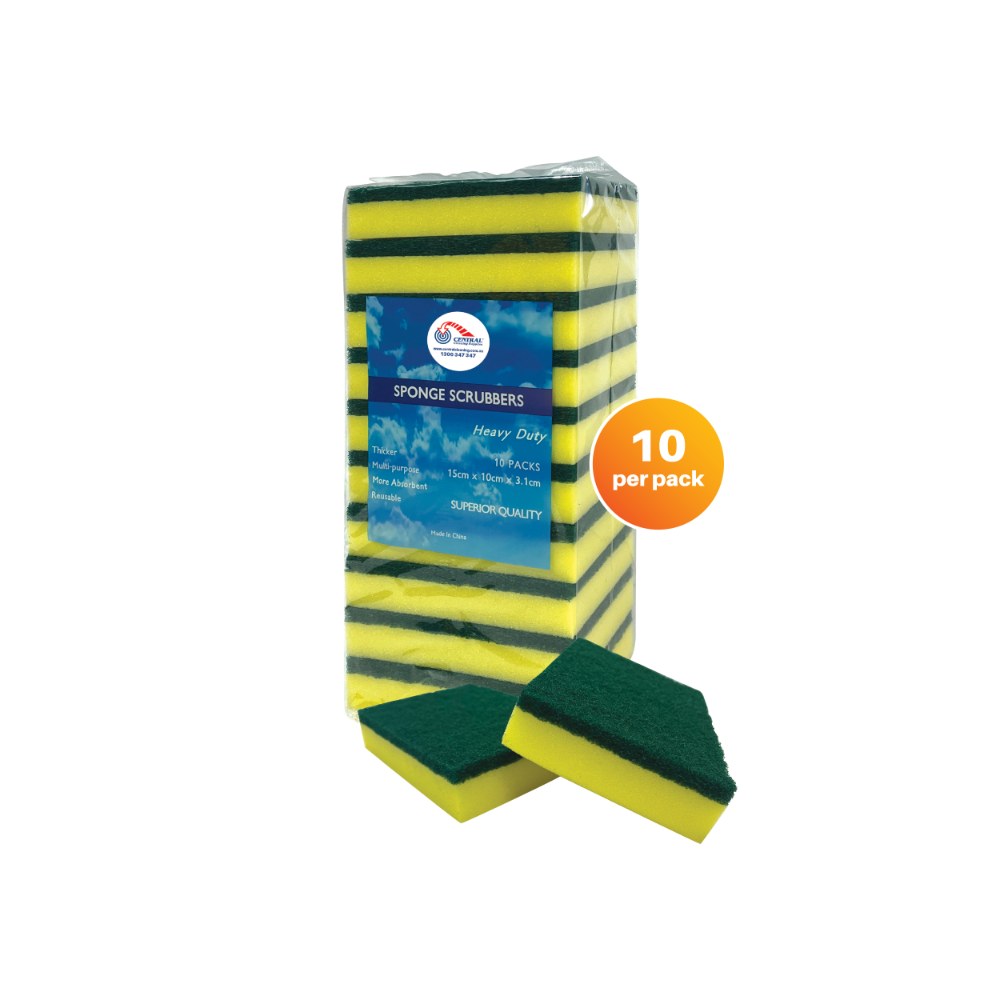 Pack of sponge scrubbers with a visible Central Cleaning Supplies brand label on a white background