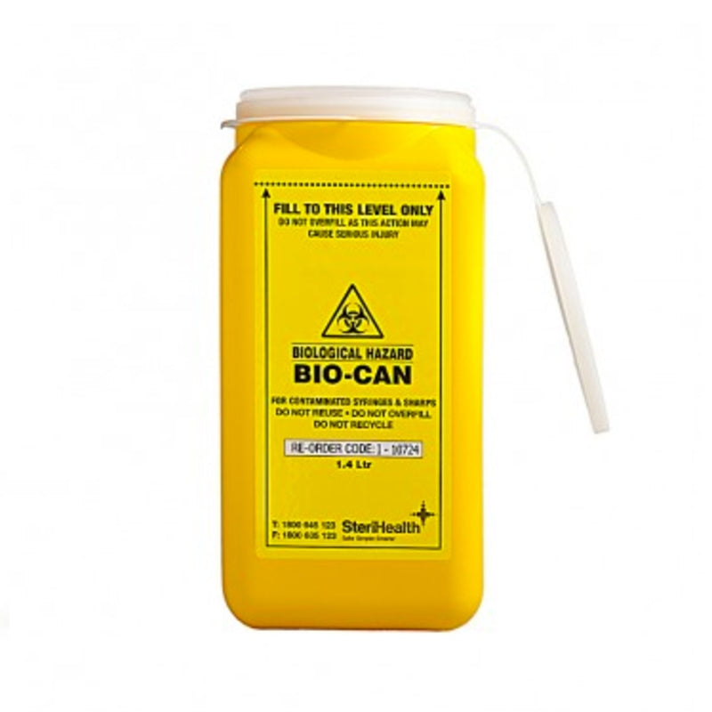 Yellow biohazard waste container with warning label on a white background