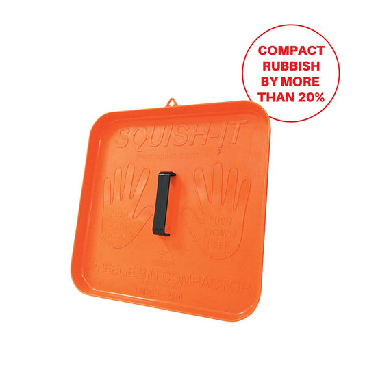 Orange bin compactor lid with 'Squish-It' branding on a white background