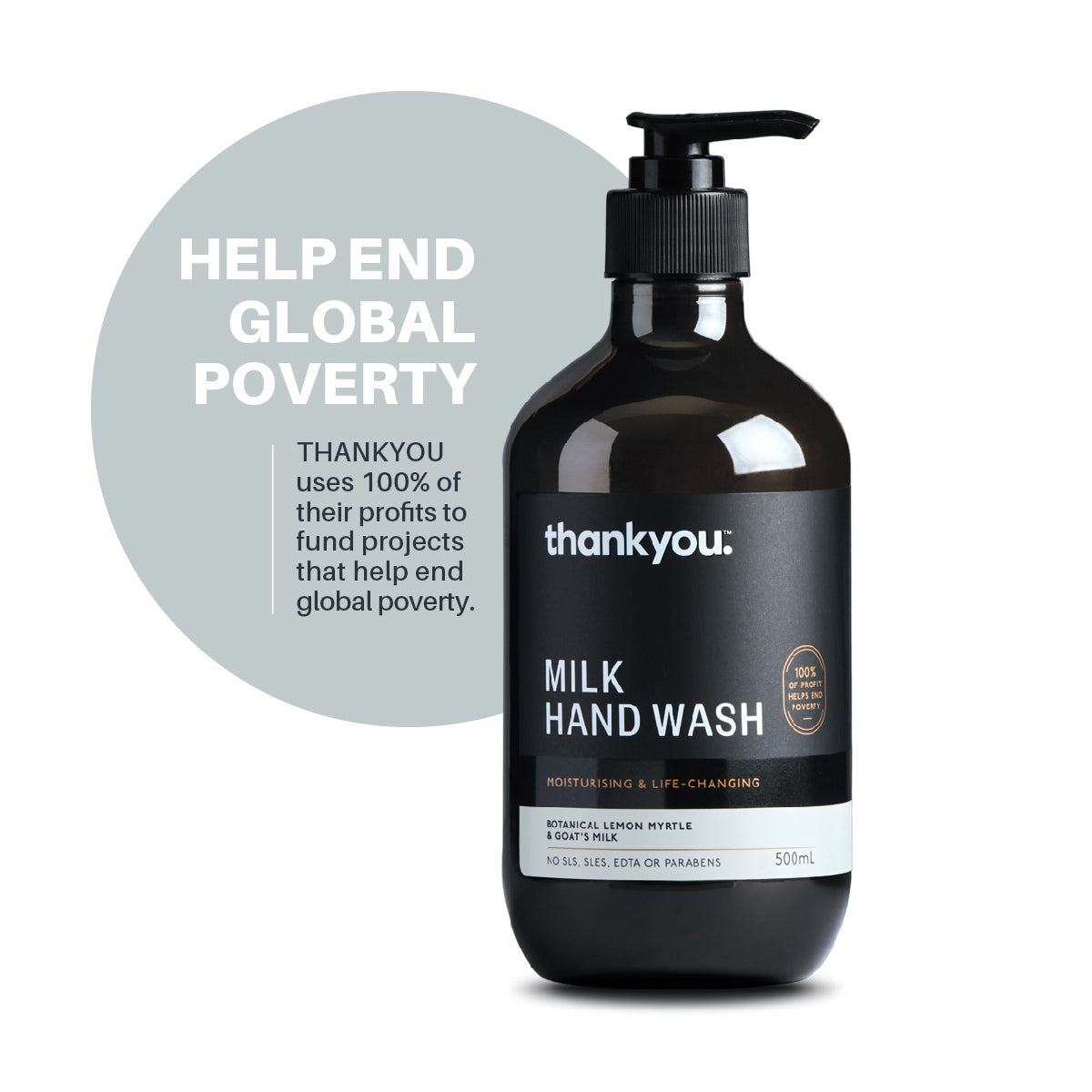 Black bottle of thankyou milk hand wash with a gray circle containing text about ending global poverty.
