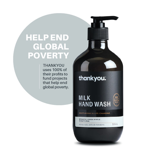 Black bottle of thankyou milk hand wash with a gray circle containing text about ending global poverty.
