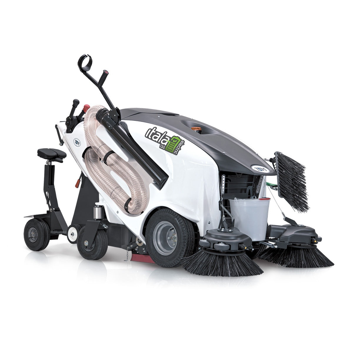 Outdoorleaning machine with broom and brush attachments on a white background