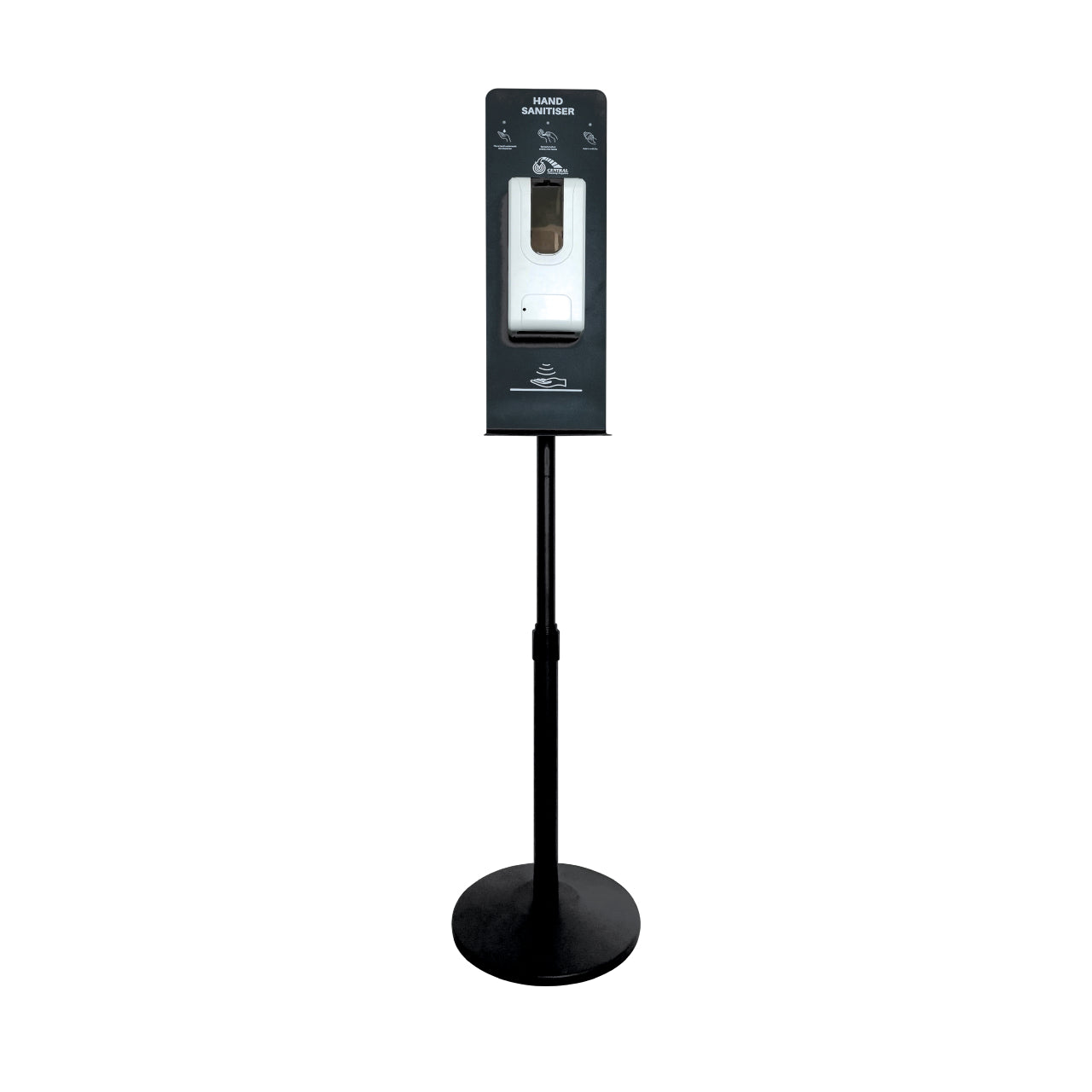 Hand sanitiser dispenser on a stand with a white background