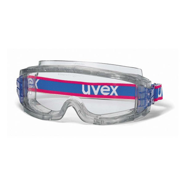 Clear safety goggles with blue and red strap on a white background, featuring the Uvex brand.