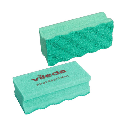 Two green sponges with 'Vileda Professional' branding on a white background