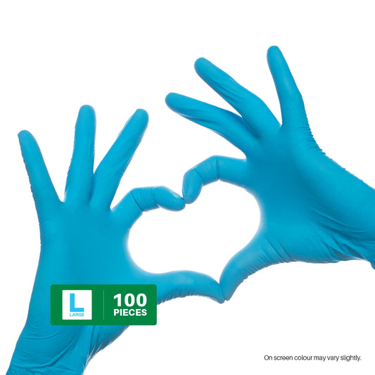 Blue gloves forming a heart shape with a 'L' brand logo and text on a white background