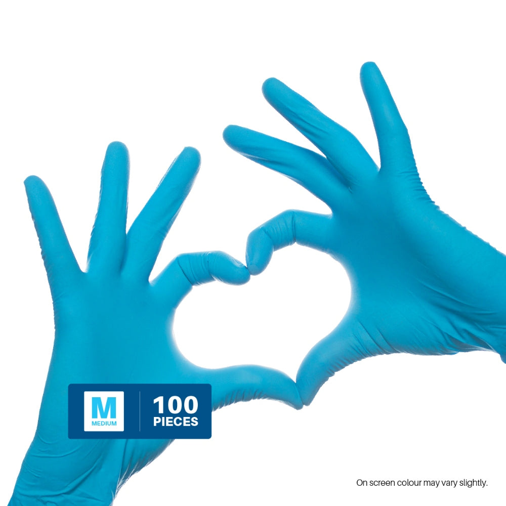 Blue gloves forming a heart shape with a 'M' logo and text on a white background