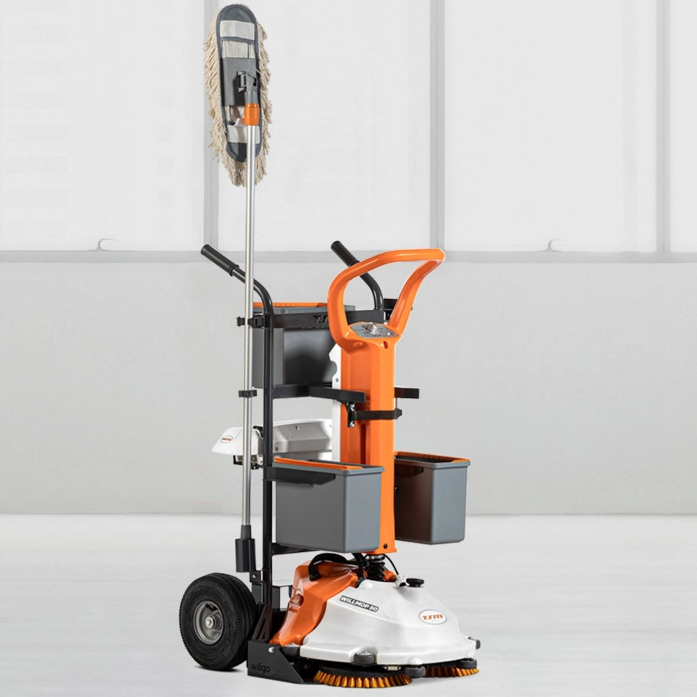 Orange and white floor cleaning machine with attachments on a white background