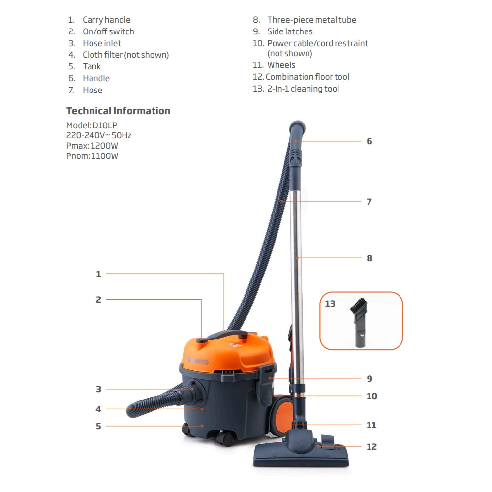 Work Hero D10LP Canister Vacuum Cleaner 10L