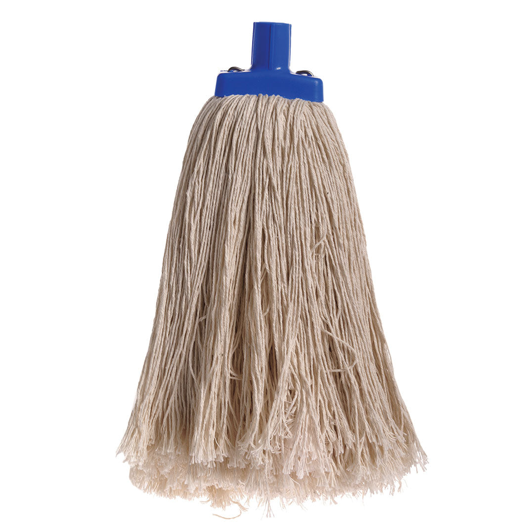 Mop head with blue plastic handle on a white background