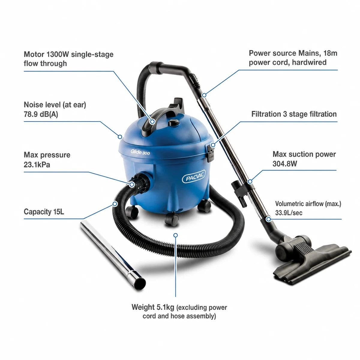 PacVac Glide 300 Barrel Vacuum Cleaner