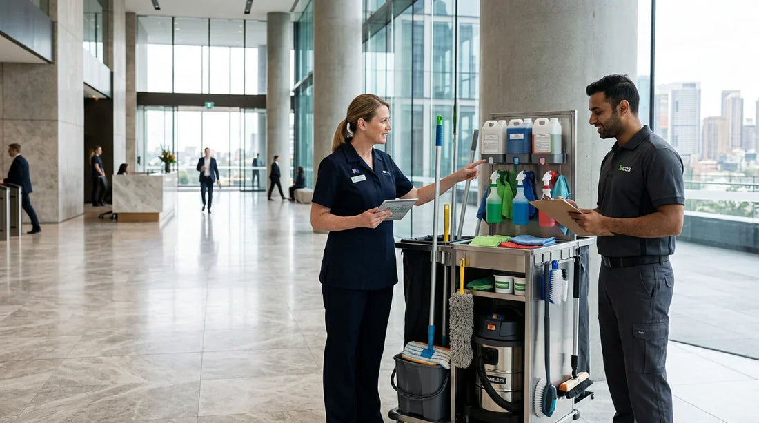 Two cleaning staff members with a cart in a modern office building