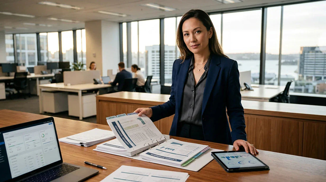 Woman in a professional setting with documents and technology