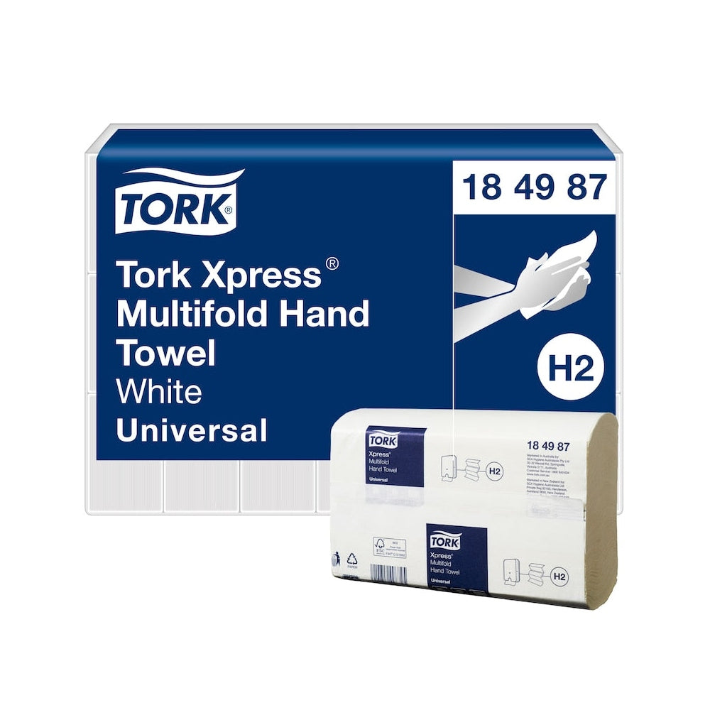 Tork Xpress Multifold Hand Towel packaging with a blue box and white towel on a white background