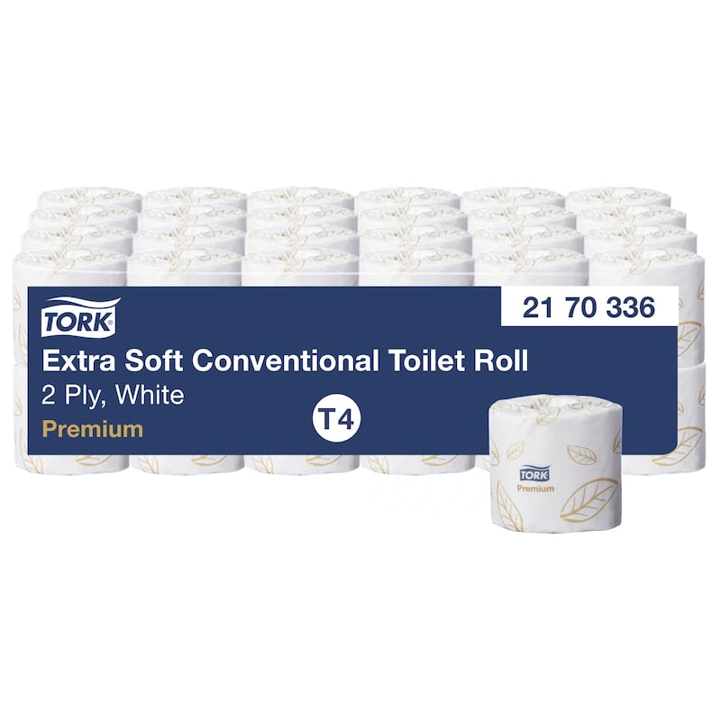Multiple rolls of Tork toilet paper with packaging on a white background