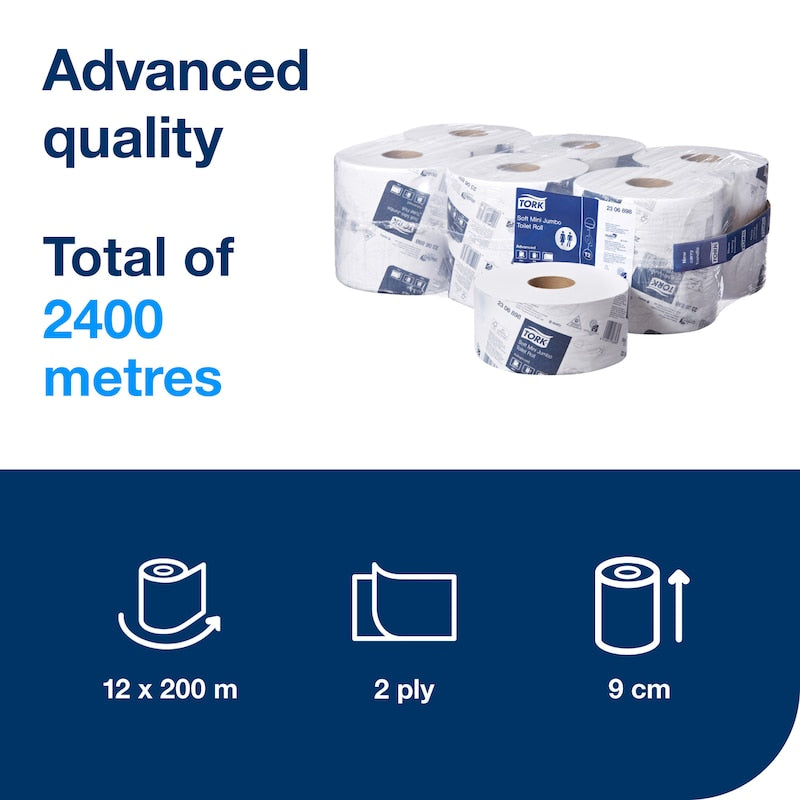 Packaging of toilet paper rolls with text indicating advanced quality and specifications.