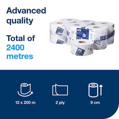 Packaging of toilet paper rolls with text indicating advanced quality and specifications.