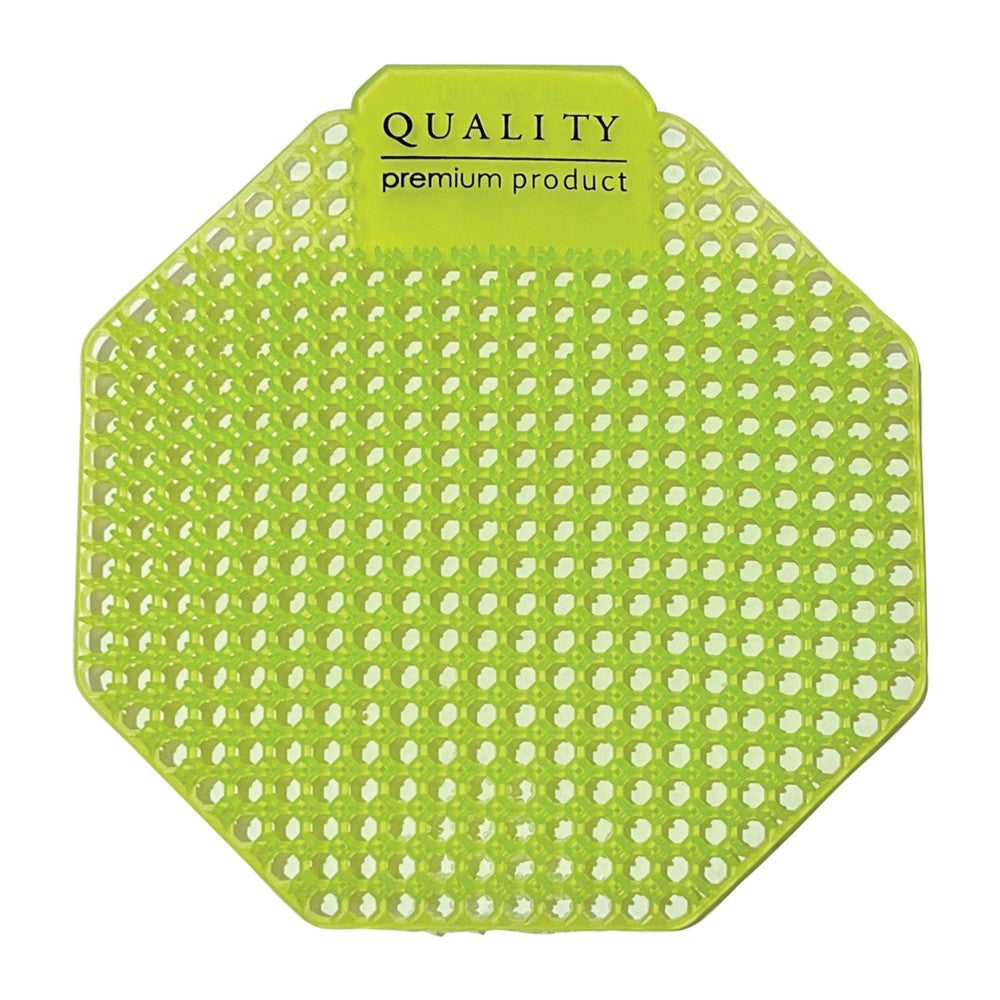 Green silicone urinal mat, labeled 'Quality premium product'.