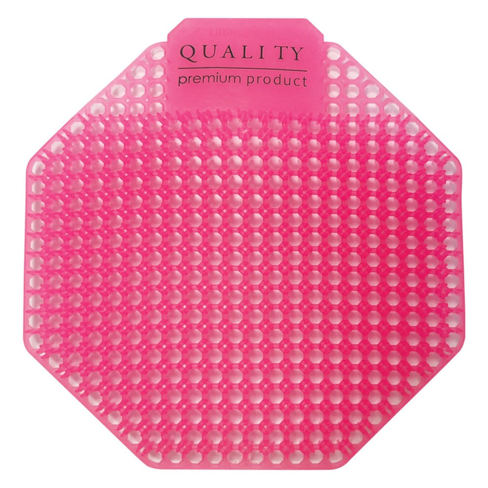 Pink silicone urinal mat with hexagonal pattern on a white background